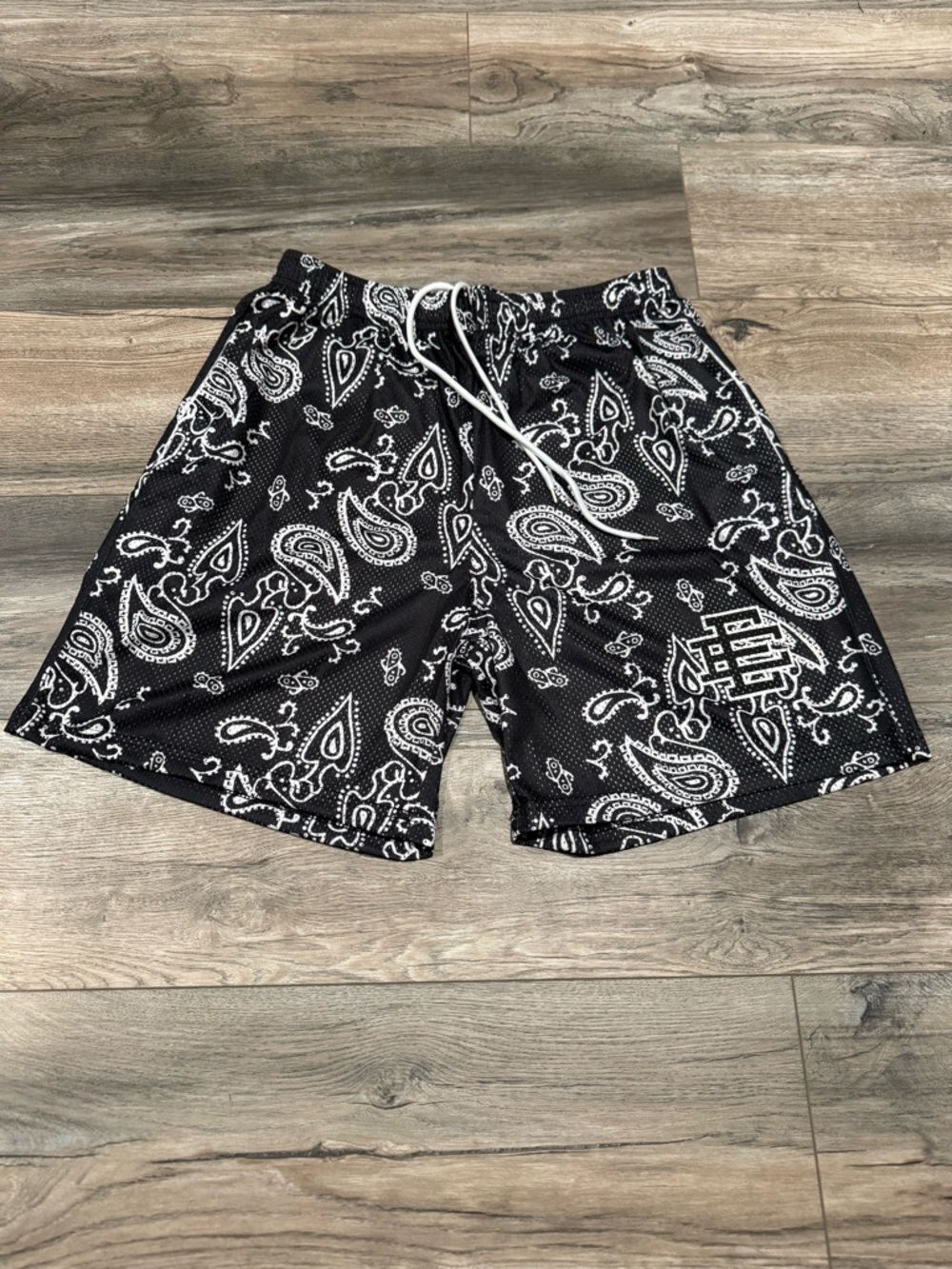 Eric Emanuel Black & White Paisley Athletic Shorts